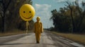 Eerie Halloween Image: Smiling Person With Balloon On Empty Road Royalty Free Stock Photo