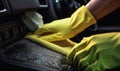 The Meticulous Car Detailer Perfecting the Shine with Yellow Gloves