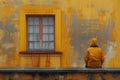 Person in yellow observing a rusty wall