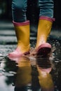 A person in yellow rain boots splashing in a puddle. AI generative image.