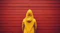 A person in a yellow raincoat standing in front of a red wall. Generative AI image.
