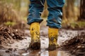 Person in rubber boots walking through mud. Generative AI