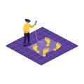 Person in yellow sweater using virtual reality headset and controller on purple grid with yellow footprints flat vector Royalty Free Stock Photo