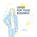 A personable young girl offers business promotion services. Vector linear illustration drawn by hand.