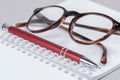 Personal accessories for work in office, notebook, pen and glasses Royalty Free Stock Photo