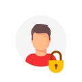 Personal account private protection or locked vector icon, flat cartoon person profile protected with closed lock