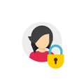 Personal account private protection or locked vector icon, flat cartoon person profile protected via closed lock, access