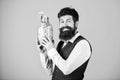 Personal accountant. Businessman with his dollar savings. Richness and wellbeing. Man bearded guy hold jar full of cash Royalty Free Stock Photo
