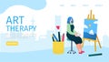 Personal art therapy, landing banner, vector illustration. Cartoon girl in art workshop paints watercolors on canvas Royalty Free Stock Photo