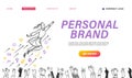 Personal brand design concept with business woman flying upwards, business icons and human hands celebrate and applause.