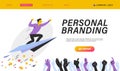 Personal brand design concept with businessman fly upwards on paper plane, like thumb up icons, human hands celebrate and applause