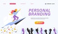 Personal brand design concept with business woman fly upwards on paper plane, like thumb up icons, human hands celebrate and appla