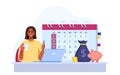 Personal budget planning or monthly audit vector finance illustration with black young economist, calendar, piggy bank.