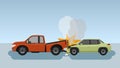 Personal car accident collided with a pickup truck. Damage of green cars collide at the end Causing smoke from the engine. Royalty Free Stock Photo