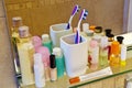 Personal care products at a bath room Royalty Free Stock Photo