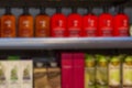 Personal care products on the shelves in the store. Blurred. Front view Royalty Free Stock Photo