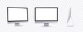 Personal computer mockup in front, side and angle view. Silver modern flat monitor for business presentation or website