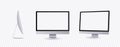 Personal computer mockup in front, side and angle view. Silver modern flat monitor for business presentation or website