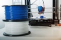 Personal 3d printer and abs or pla filament coils next to him..