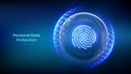 Personal data protection. Biometrics identification. Cyber security. Password control. Fingerprint icon inside transparent sphere
