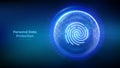 Personal data protection. Biometrics identification. Cyber security. Password control. Fingerprint icon inside transparent sphere