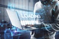 Personal data protection and cyber security concept with digital white glowing loading sign in virtual glowing frame on human Royalty Free Stock Photo
