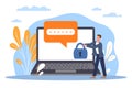 Personal data protection lock code. Secure password, huge laptop screen and tiny man, computer virus and cyber attack