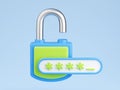 Personal data secure 3d render - open padlock and password field with incomplete passcode entry. Royalty Free Stock Photo