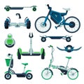 Personal Eco Friendly Electric City Transport Collection, Segway, Gyroscooter, Electro Bike, Monowheel Vehicles Vector