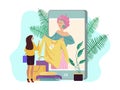 Personal fashion stylist online, vector illustration. Fashion consultant service in large smartphone, woman character