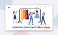 Personal Fashion Stylist Service Landing Page Template. Woman Chatting with Wardrobe Consultant Online via Smartphone