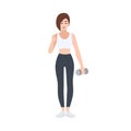 Personal fitness or sports trainer or gym worker holding dumbbell and demonstrating thumbs up gesture. Female cartoon