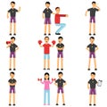 Personal fitness trainer cartoon characters set in different situations. Instructor holding training session with people