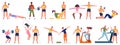 Personal fitness trainer, gym workout coach scenes. Sport exercising, personal coach training people vector illustration