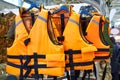 Personal flotation device as life jacket in store Royalty Free Stock Photo