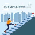Personal growth Young man running up stairway concept. Self-improvement, self development success, achievement