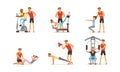 Personal Gym Coach Helping People Characters Training Vector Illustrations Set