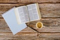 Personal Holy Bible study with a cup of coffee on a table top with eyeglasses, spiral notepad Royalty Free Stock Photo