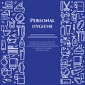 Personal hygiene blue line banner. Set of elements of shower, soap, bathroom, toilet, toothbrush and other cleaning pictograms. Li Royalty Free Stock Photo