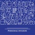 Personal hygiene blue line banner. Set of elements of shower, soap, bathroom, toilet, toothbrush and other cleaning pictograms. Li Royalty Free Stock Photo