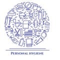 Personal hygiene blue line banner. Set of elements of shower, soap, bathroom, toilet, toothbrush and other cleaning pictograms. Li Royalty Free Stock Photo