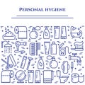 Personal hygiene blue line banner. Set of elements of shower, soap, bathroom, toilet, toothbrush and other cleaning pictograms. Li Royalty Free Stock Photo