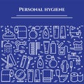 Personal hygiene blue line banner. Set of elements of shower, soap, bathroom, toilet, toothbrush and other cleaning pictograms. Li Royalty Free Stock Photo