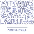 Personal hygiene blue line banner. Set of elements of shower, soap, bathroom, toilet, toothbrush and other cleaning