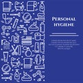 Personal hygiene blue line banner. Set of elements of shower, soap, bathroom, toilet, toothbrush and other cleaning pictograms. Li Royalty Free Stock Photo