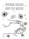 Personal hygiene and disease prevention poster. Hands cleansed of the virus