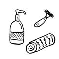 Personal hygiene icons razor, soap and towel doodle set, bathroom cosmetics isolated vector