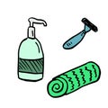 Personal hygiene icons razor, soap and towel flat set, bathroom cosmetics isolated vector