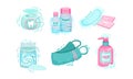 Personal Hygiene Items with Cotton Pads and Dental Floss Vector Set Royalty Free Stock Photo