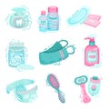 Personal Hygiene Items with Dental Floss and Liquid Soap Vector Set Royalty Free Stock Photo